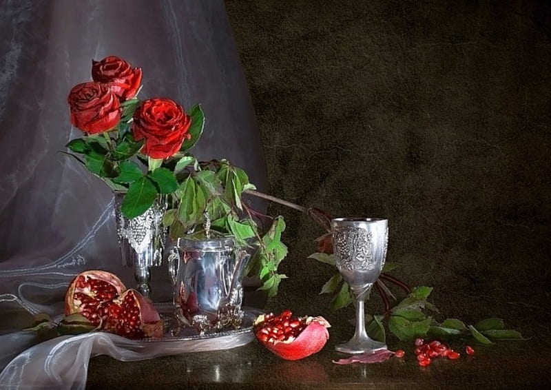 Still Life, Pomegranates, bonito, roses, HD wallpaper | Peakpx