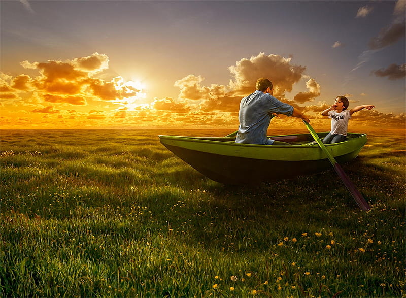 A day in the life, adrian sommeling, grass, yellow, man, creative, boy, boat, fantasy, green, people, child, funny, couple, field, HD wallpaper