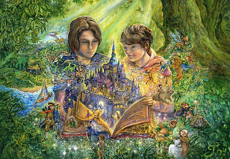 Magical Storybook, boys, people, book, painting, flowers, fairytale, castle, artwork, HD wallpaper