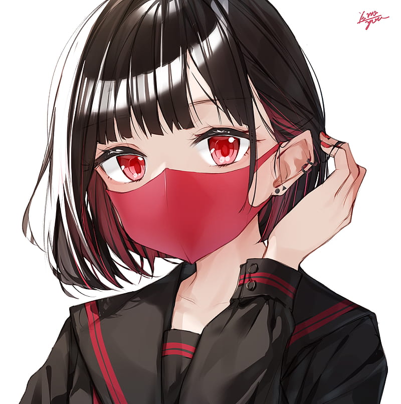 anime school girl, short brown hair, mask, Anime, HD phone wallpaper