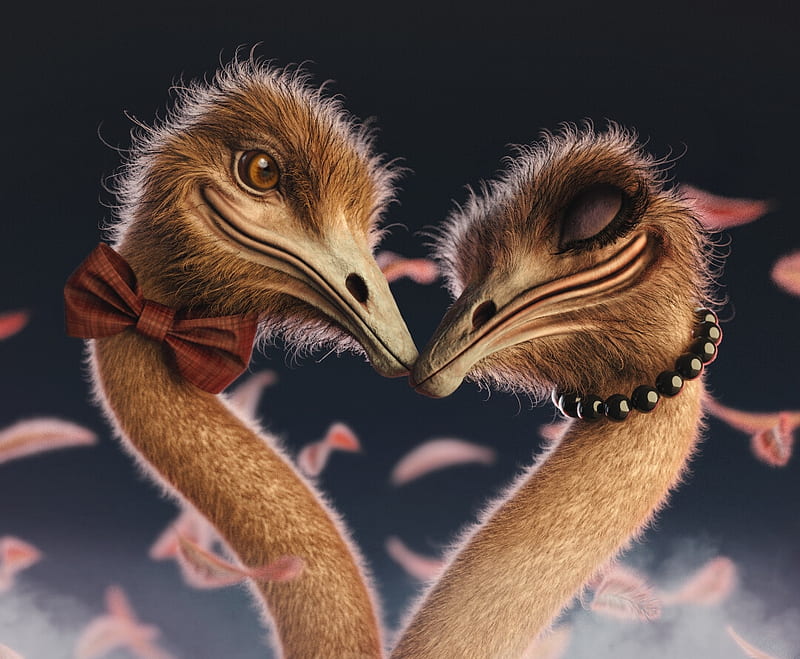 Love is in the air, love, valentine, couple, aluta roma, luminos, bow, ostrich, fantasy, bird, pasari, petals, pink, HD wallpaper