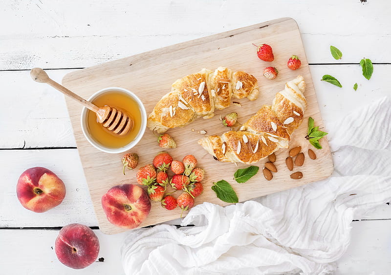 Food, Breakfast, Berry, Croissant, Honey, Peach, Still Life, Strawberry, HD wallpaper