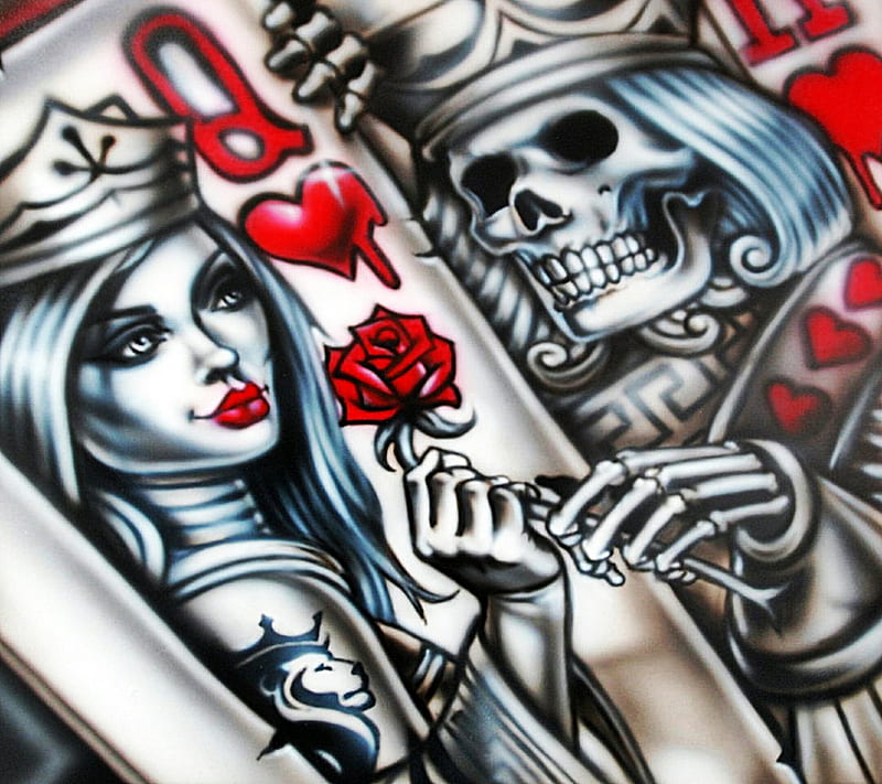 Love of roses, cards, corazones, king, skull, HD wallpaper