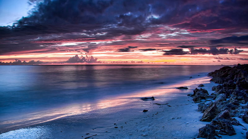 Coastal Waters, rocks, ocean, beautifulm scenery, sunset, clouds, sea, beach, skies, nature, sunrise, pink, blue, HD wallpaper