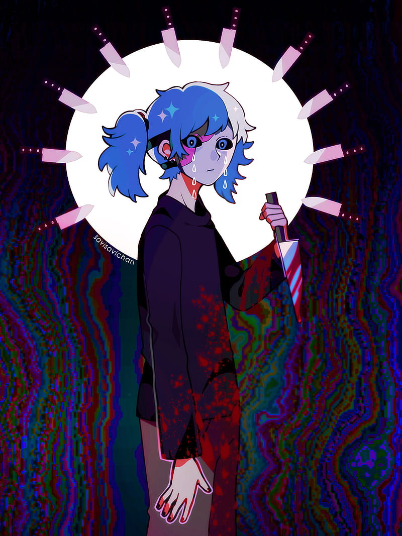 Sally Face, mask, knife, cry, bluetooth hair, blood, black, anime boy, HD phone wallpaper