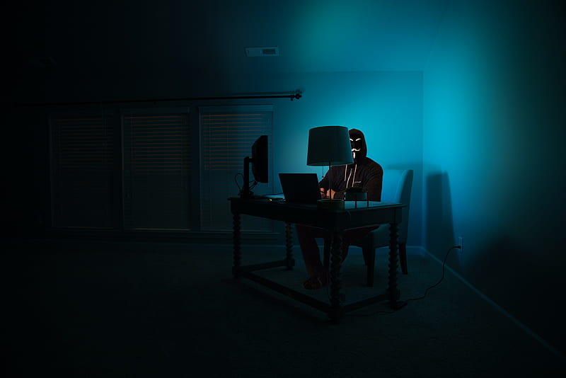 anonymous, desk, computer, light, workplace, HD wallpaper