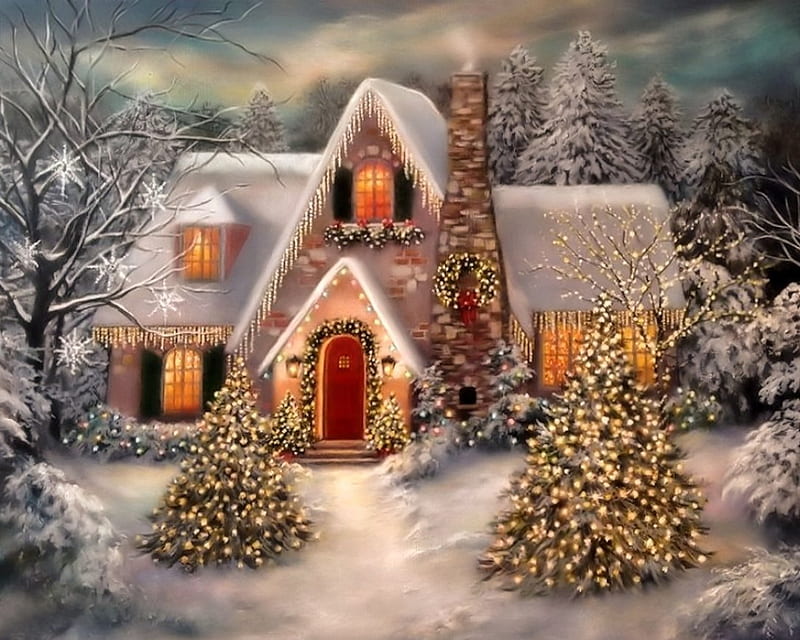 The Christmas House, Christmas, Painting, House, Winter, HD wallpaper