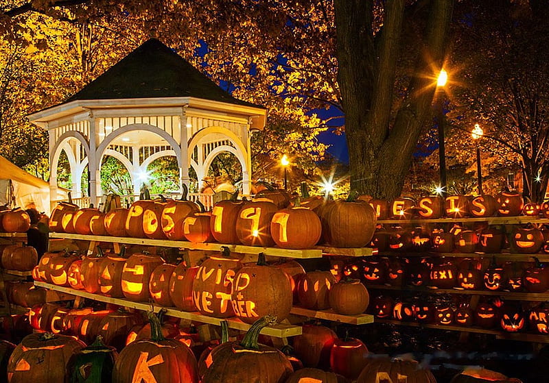 Pumpkin Glow, Keene, New Hampshire, autumn, halloween, evening, gazebo, lights, HD wallpaper