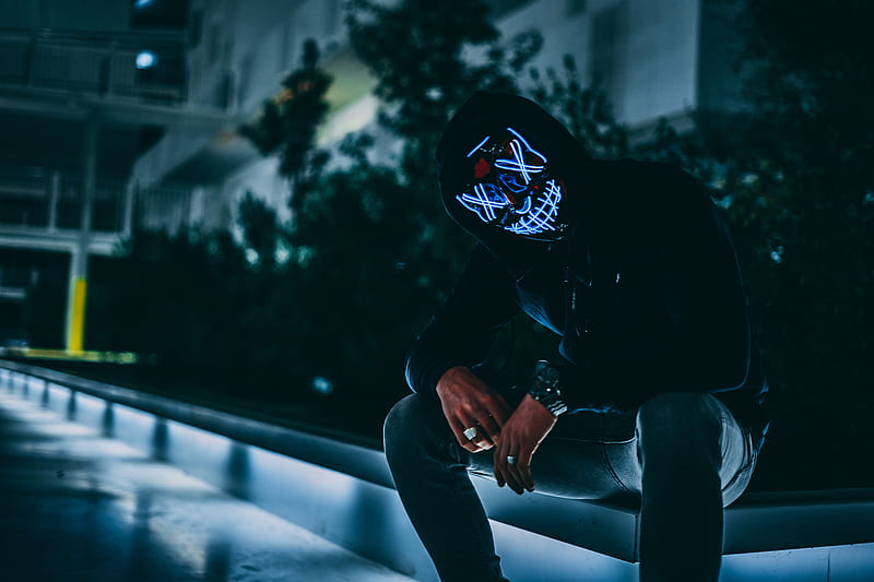 mask, hood, anonymous, glow, darkness, face, HD wallpaper
