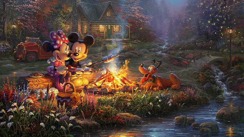 Mickey and Minnie Mouse ~ The Bonefire, art, fantasy, painting, campfire, pluto, mickey mouse, minnie, thomas kinkade, pictura, HD wallpaper