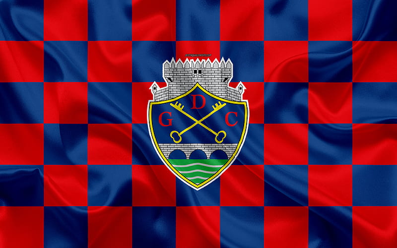 GD Chaves logo, creative art, blue red checkered flag, Portuguese football club, Primeira Liga, Liga NOS, emblem, silk texture, Vila Real, Portugal, football, HD wallpaper