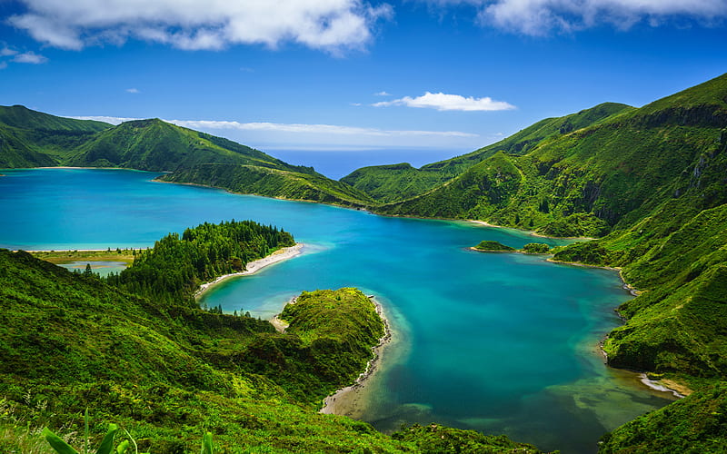 Lagoa do Fogo Lagoon of Fire, summer, crater lake, Portugal, mountains, Azores, Europe, HD wallpaper