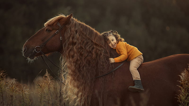 Smiley Cute Little Girl Is Sitting On Brown Horse Wearing Yellow Dress In Forest Background Cute, HD wallpaper