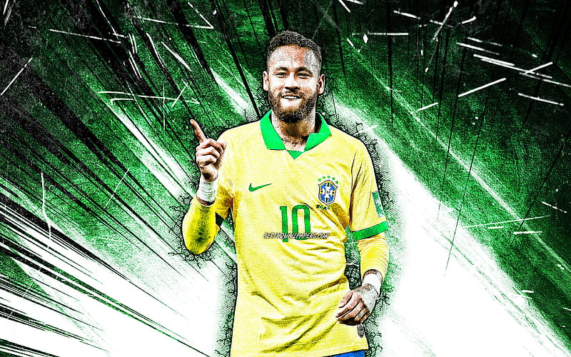 Neymar, grunge art, Brazil National Team, soccer, footballers, green neon lights, Neymar da Silva Santos Junior, green abstract rays, Brazilian football team, Neymar, HD wallpaper