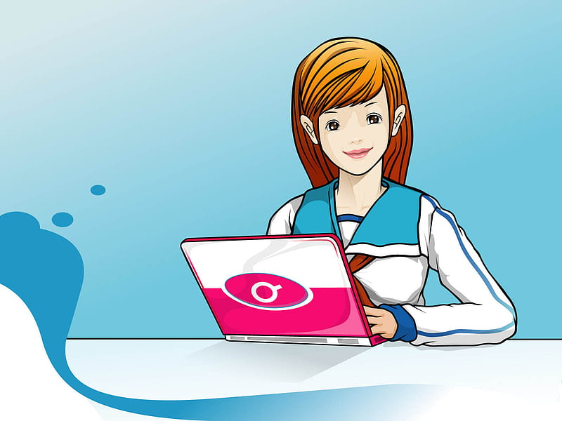Pretty girl using pink laptop, technology, office, laptop, girl, HD wallpaper
