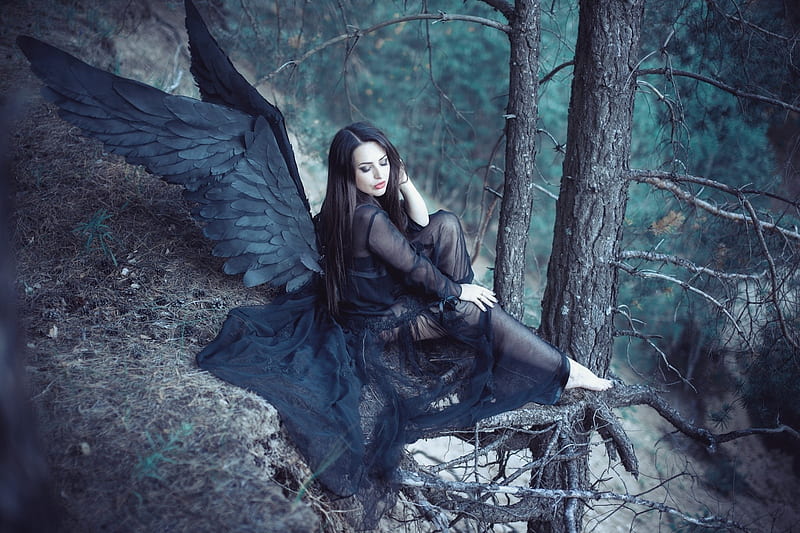 Dark Angel, forest, mode, woman, angel, HD wallpaper