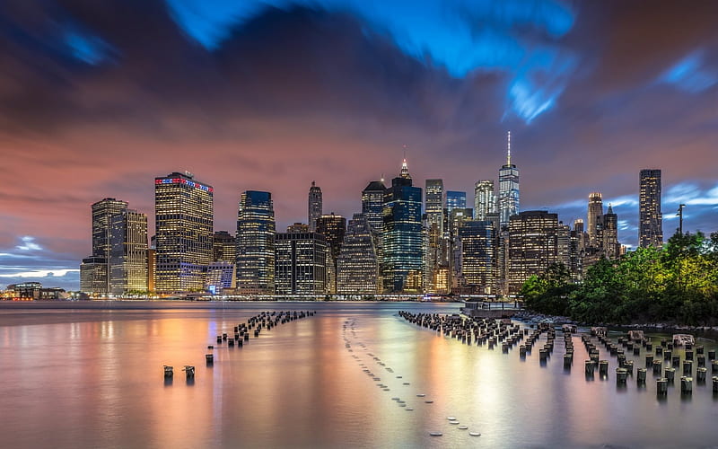 New York, Manhattan, Skyscrapers, bay, USA, Brooklyn Bridge Park, HD wallpaper