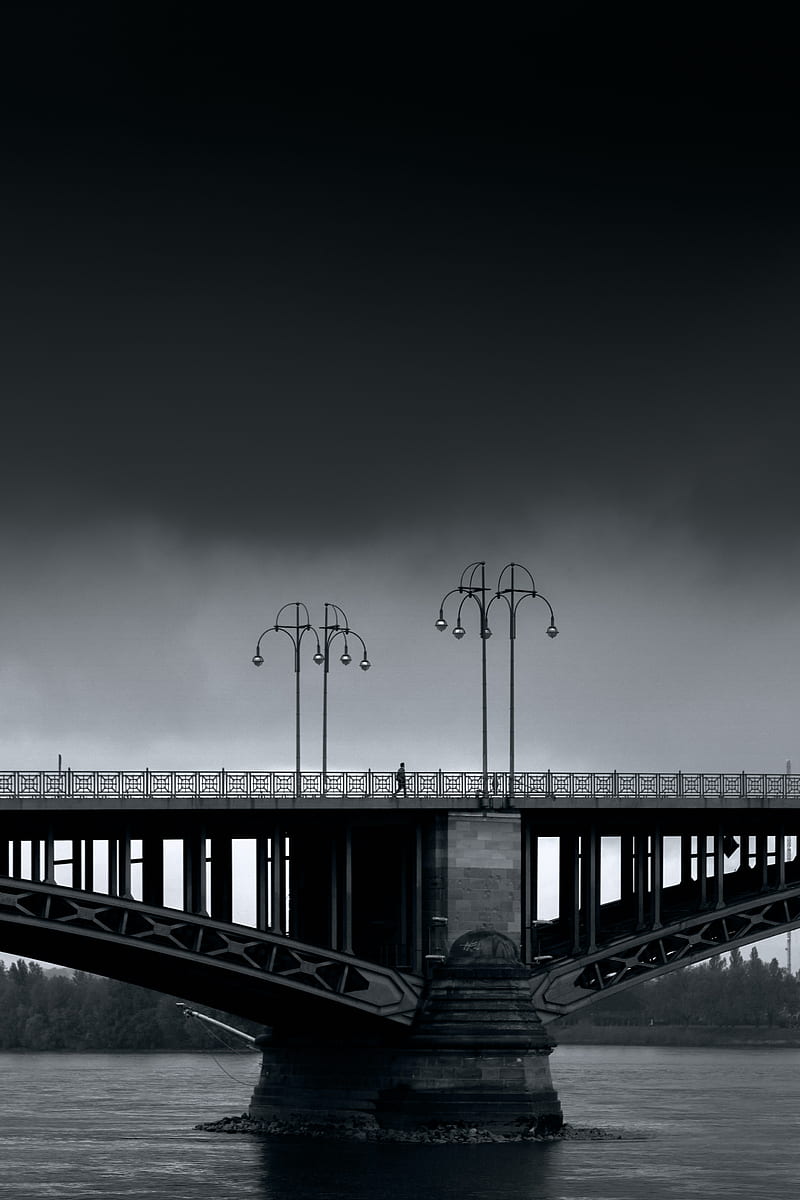 bridge, man, lights, architecture, water, black and white, HD phone wallpaper