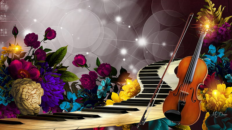 Music, instruments, flowers, piano keys, floral, strings, Firefox theme, violin, bow, bokeh, HD wallpaper