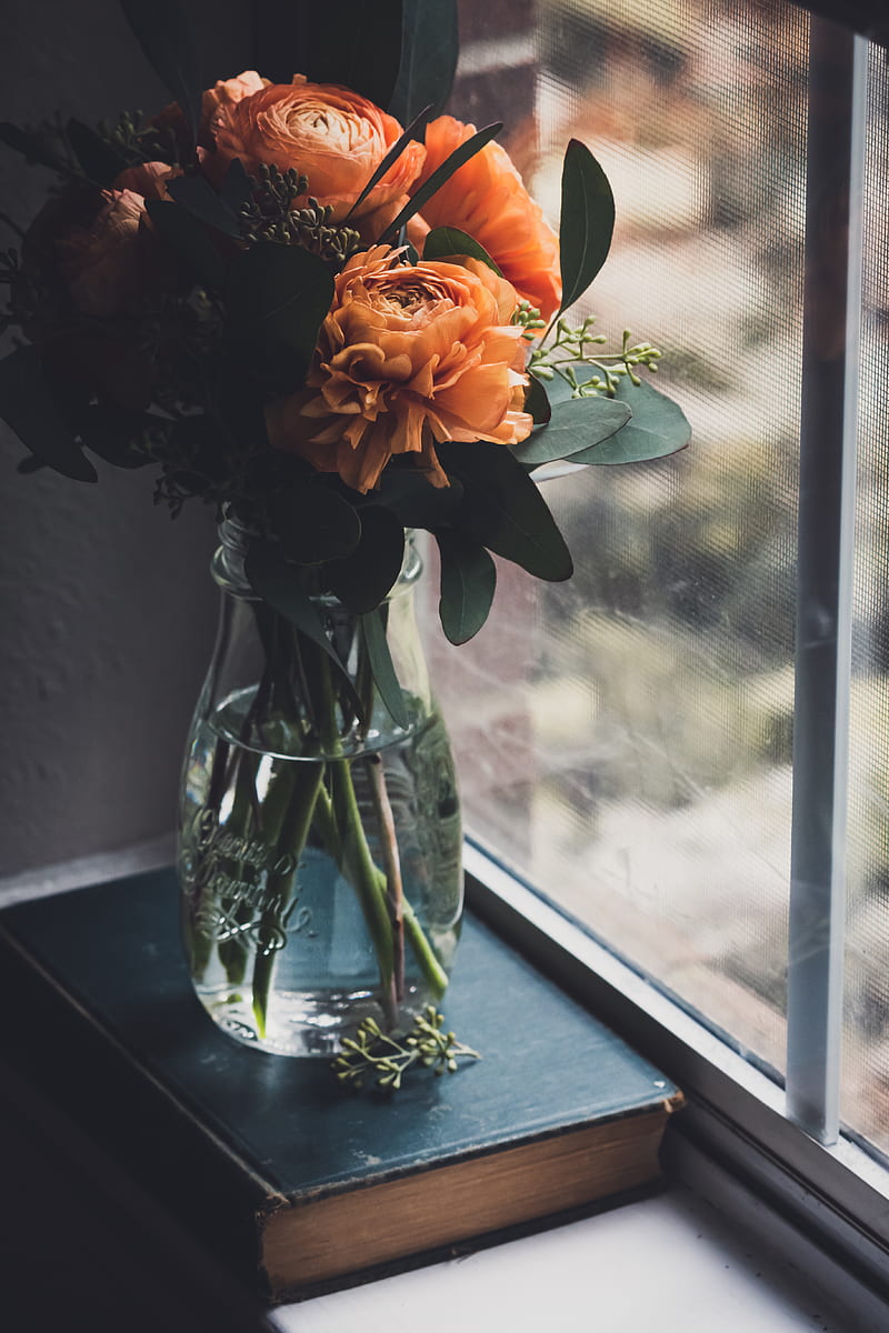 flowers, bouquet, vase, book, window, HD phone wallpaper