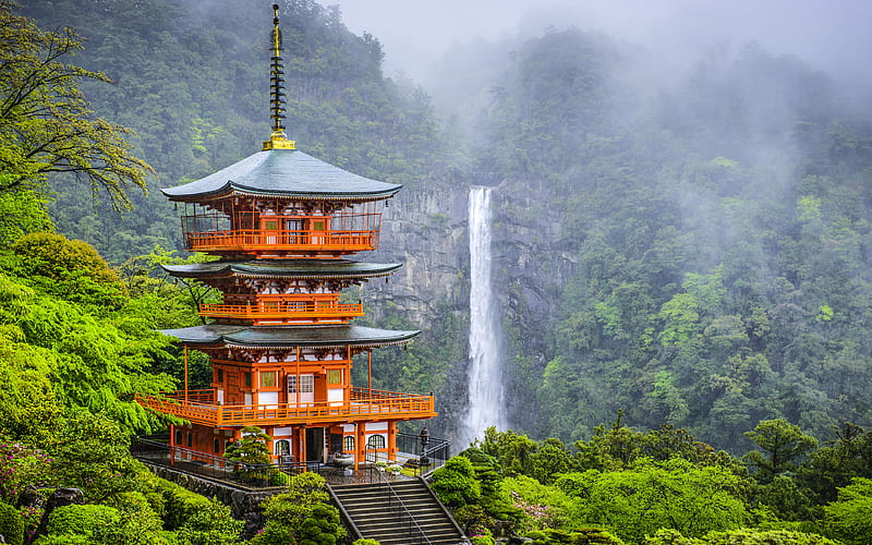 Seiganto-ji Temple Nachi Falls, japanese landmarks, Kii Peninsula, japan, Asia, HD wallpaper