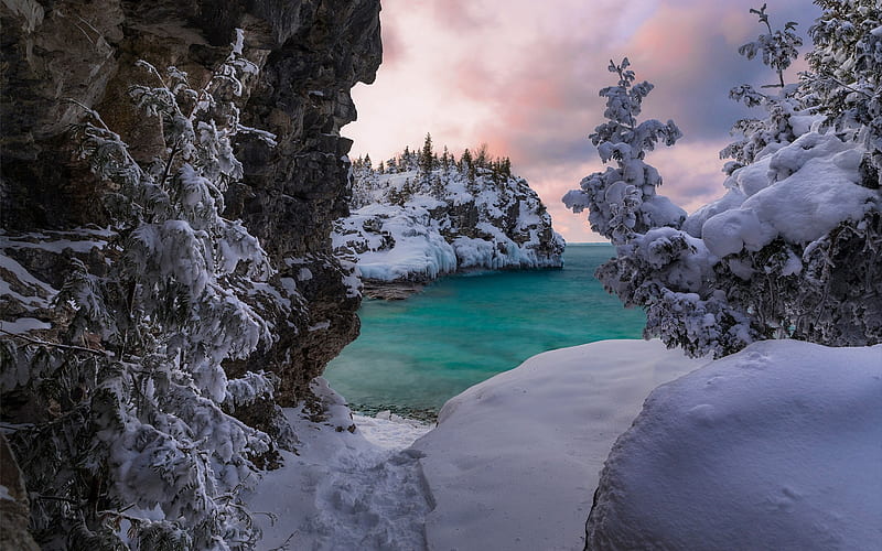 Lake Huron, Bruce Peninsula, Ontario, winter, forest, snow, snowdrifts, Canada, HD wallpaper