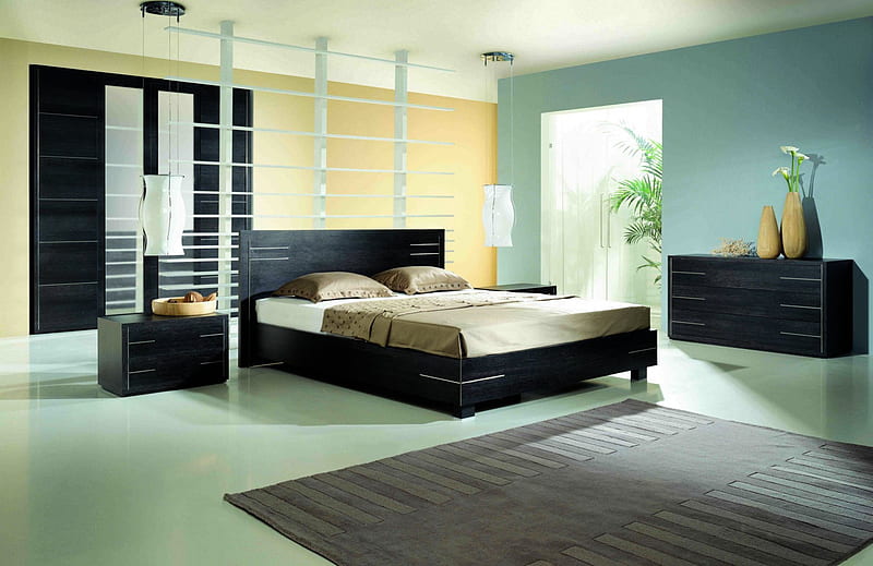 A cozy bedroom, carpet, green, doors, bed, HD wallpaper