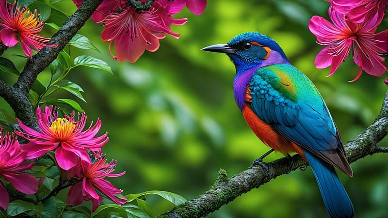 Close-up of a colorful bird sitting on a tree branch surrounded by brightly colored flowers., madar, kozeli foto, szines tollazat, rozsaszin, szines madar, szines viragok, csor, ules, faag, HD wallpaper