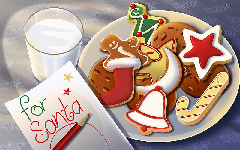 Cookies for Santa, red, art, abstract, xmas, cookies, santa, 3d, milk, star, HD wallpaper