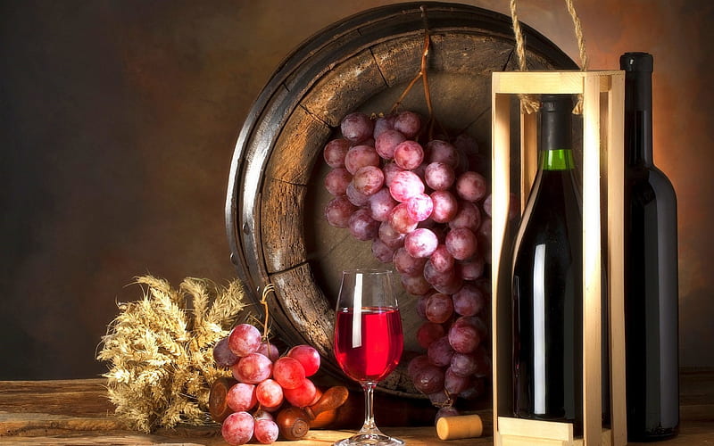 Red Grapes, lovely still life, grapes, graphy, wine, bottle, wine glass, love four seasons, barrel, HD wallpaper