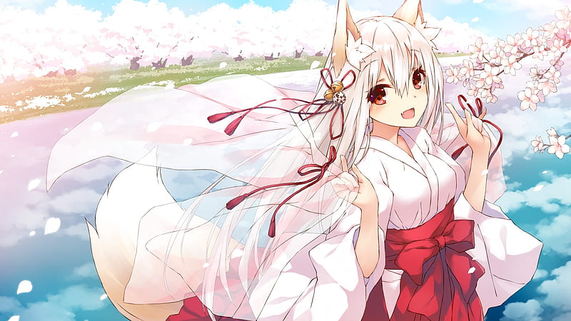 anime fox girl, miko, cute, cherry blossom, smiling, tail, animal ears, white hair, Anime, HD wallpaper