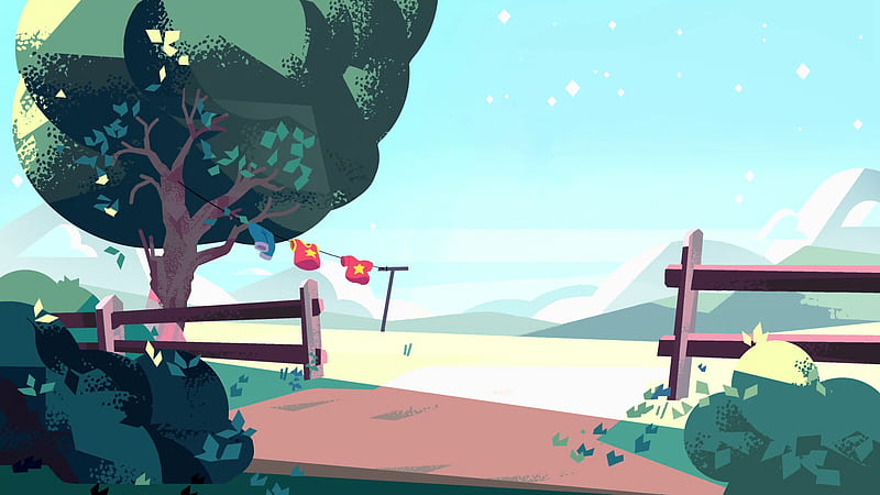 Steven Universe Landscape With Wooden Barricade On Sides And Clothes Drying On Rope Near A Tree With Background Of Blue Sky And Mountain During Day Time Movies, HD wallpaper