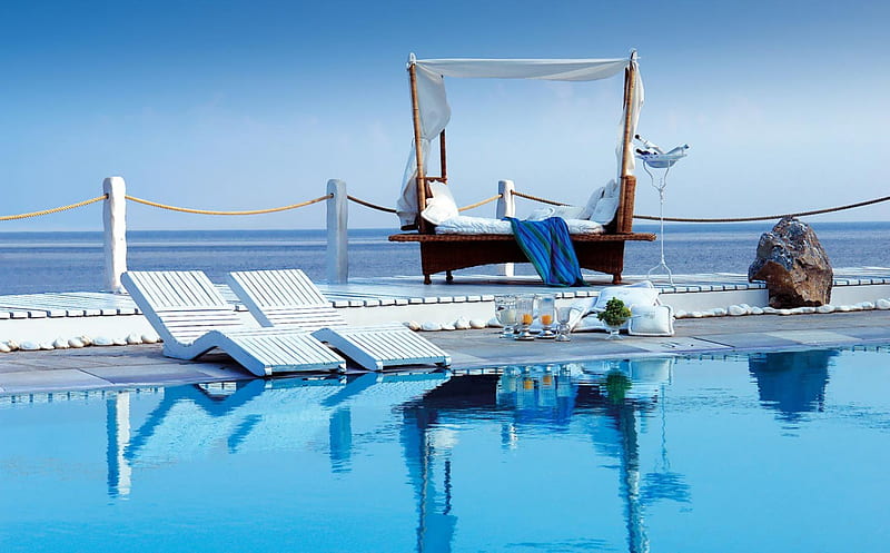 Sweet Santorini, Greece, Lounge chairs, Pool, Santorini, HD wallpaper