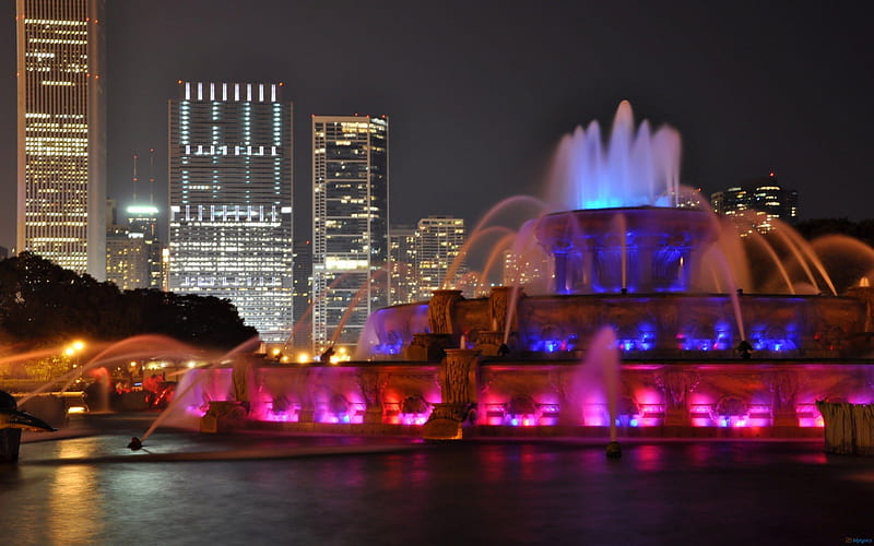 Buckingham Fountain in Colorful Lights, colorful, fountains, cityscapes, nature, lights, HD wallpaper