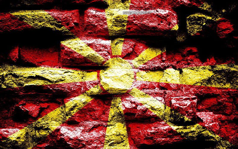 North Macedonia flag, grunge brick texture, Flag of North Macedonia, flag on brick wall, North Macedonia, Europe, flags of european countries, HD wallpaper