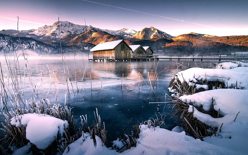 ice, winter, hut, houses, lake, mountains, sunset, HD wallpaper