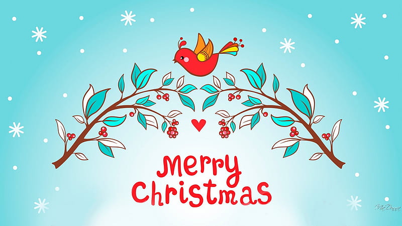 Christmas Bird, Christmas, tree limb, country, branch, corazones, leaves, bird, berries, snowflakes, HD wallpaper