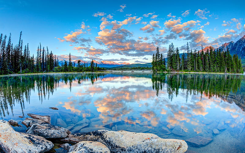 Patricia Lake, sunset Pyramid Mountain, canadian landmarks, Jasper National Park, Canada, HD wallpaper