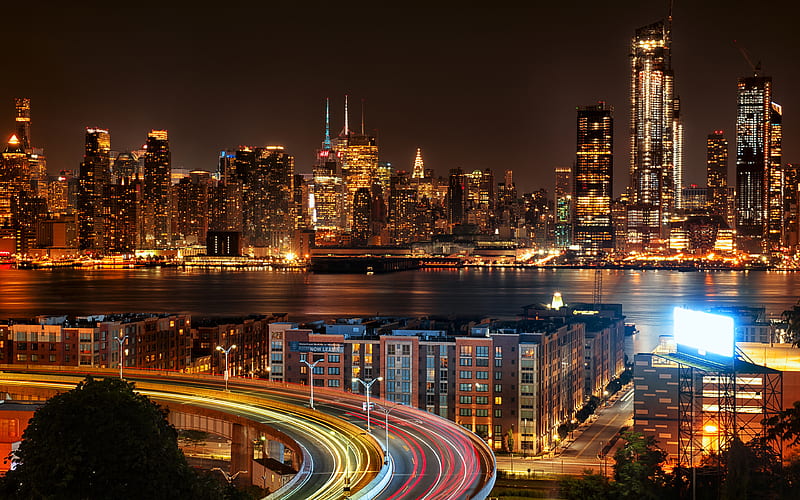 New York City panorama, traffic lights, Manhattan, NYC, cityscapes, nightscapes, New York, USA, America, HD wallpaper
