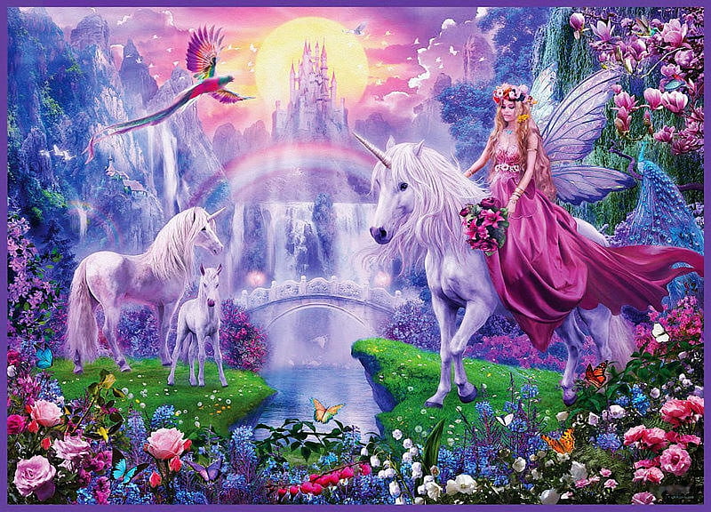 Fairy on Horse, birds, fairytale, butterflies, foal, unicorns, waterfalls, artwork, moon, bridge, mountains, digital, flowers, river, castle, HD wallpaper