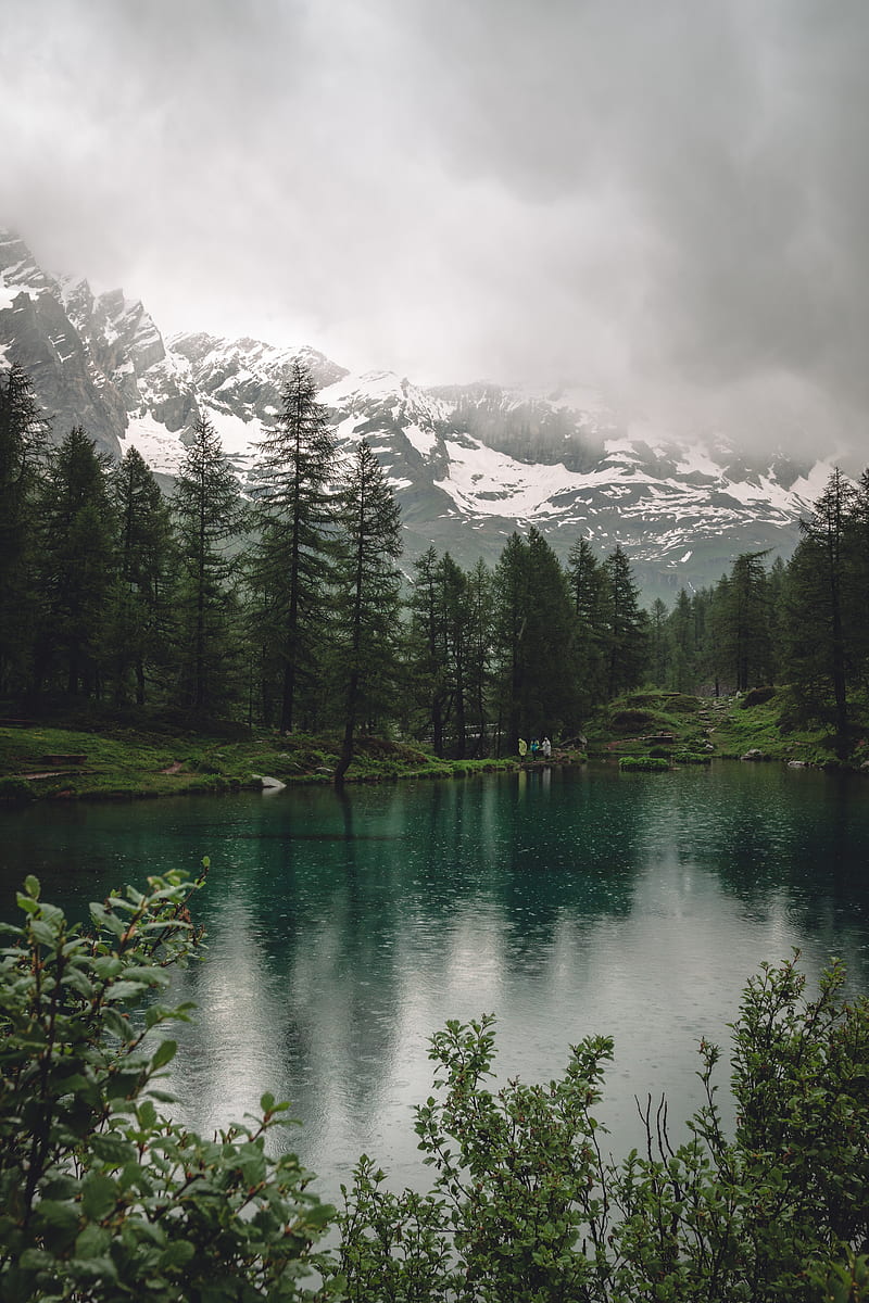 lake, mountains, trees, rain, nature, HD phone wallpaper
