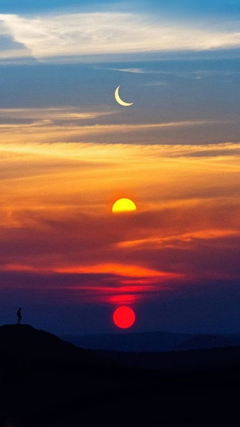 Coloured sky , cloud, moon, moonrise, orange, sun, sunrise, sunset, travel, HD phone wallpaper