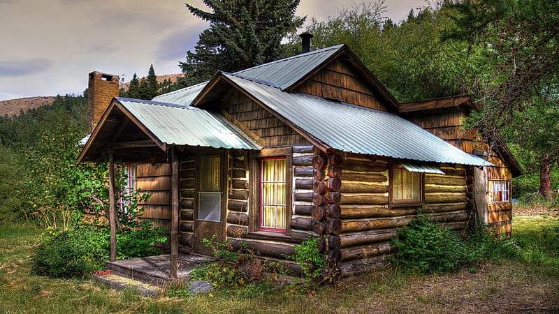 lovely log cabin r, mountains, logs, r, cabin, trees, HD wallpaper