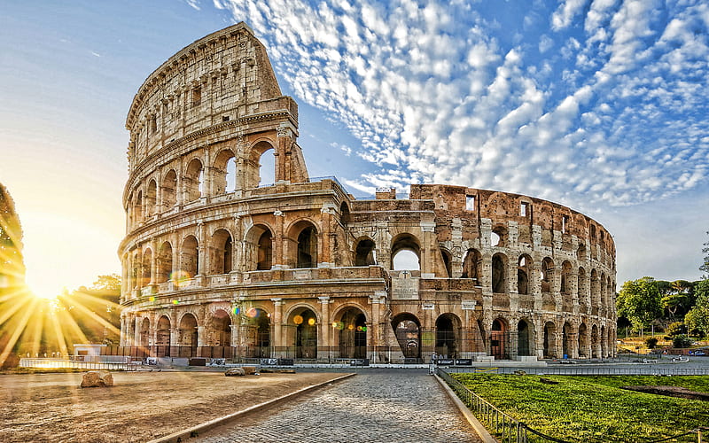 Colosseum, Rome, morning, sunrise, Flavian Amphitheatre, Rome landmark, Italy, Amphitheatre, HD wallpaper