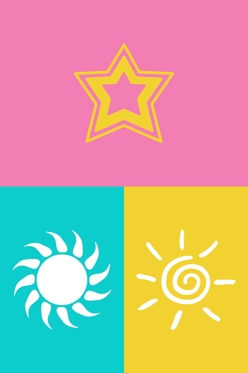 colorful shapes, funny, gold, pink, blue, signs, sun, star, HD phone wallpaper