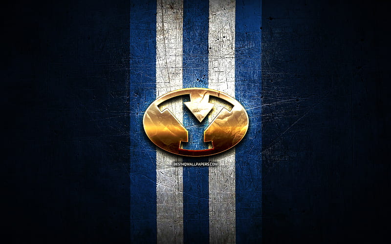 Brigham Young Cougars, golden logo, NCAA, blue metal background, american football club, Brigham Young Cougars logo, american football, USA, HD wallpaper