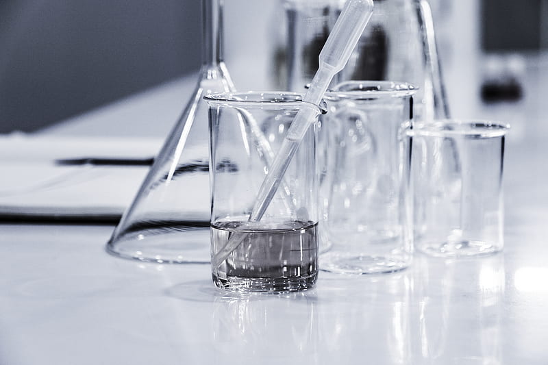 three clear beakers placed on tabletop, HD wallpaper