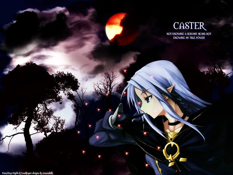 Caster 25864, moon, fate stay night, blue hair, black dress, caster, HD wallpaper