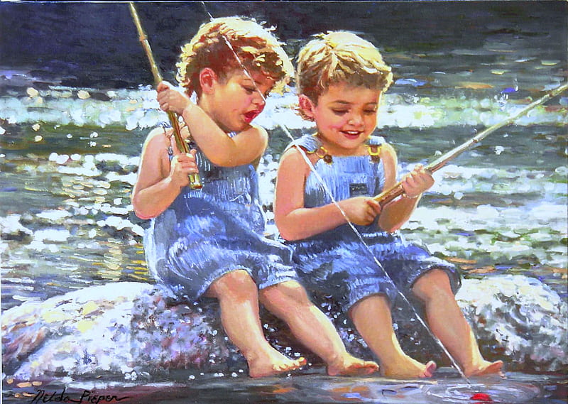 First catch, brothers, boys, water, rock, rods, fishing, HD wallpaper