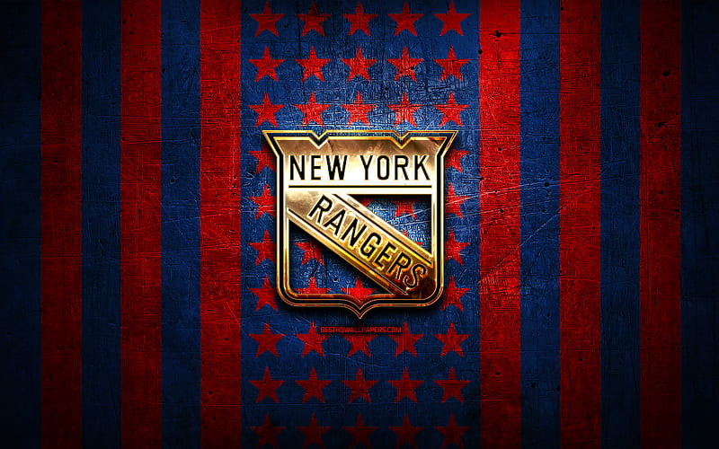 New York Rangers flag, NHL, blue red metal background, american hockey team, New York Rangers logo, USA, hockey, golden logo, New York Rangers, NY Rangers, HD wallpaper